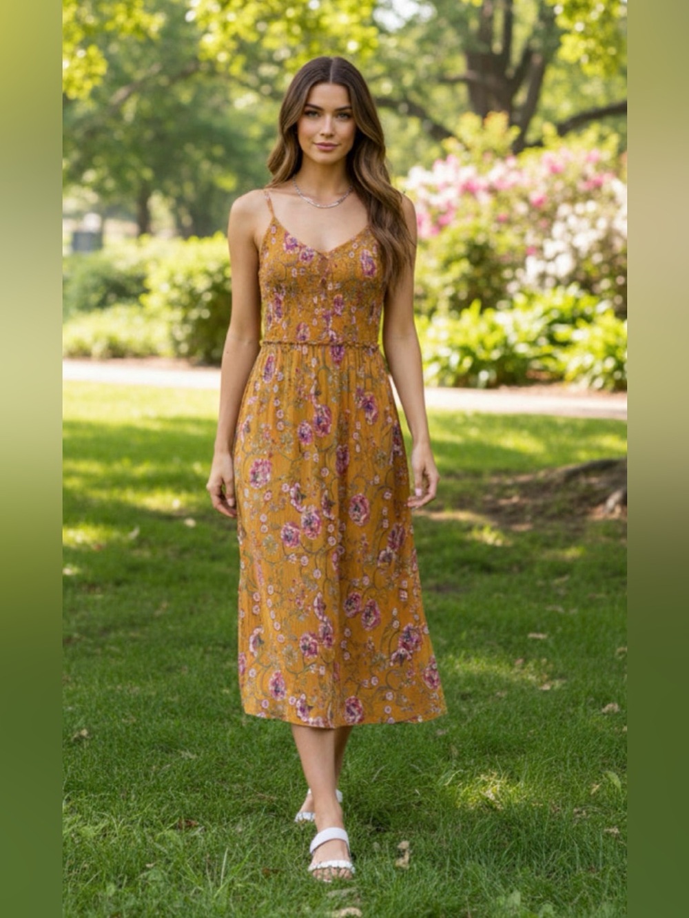 PATRONS OF PEACE Floral Mustard Spaghetti-Strap Midi Dress